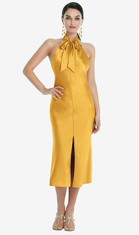 Front View - NYC Yellow Scarf Tie Stand Collar Midi Bias Dress with Front Slit