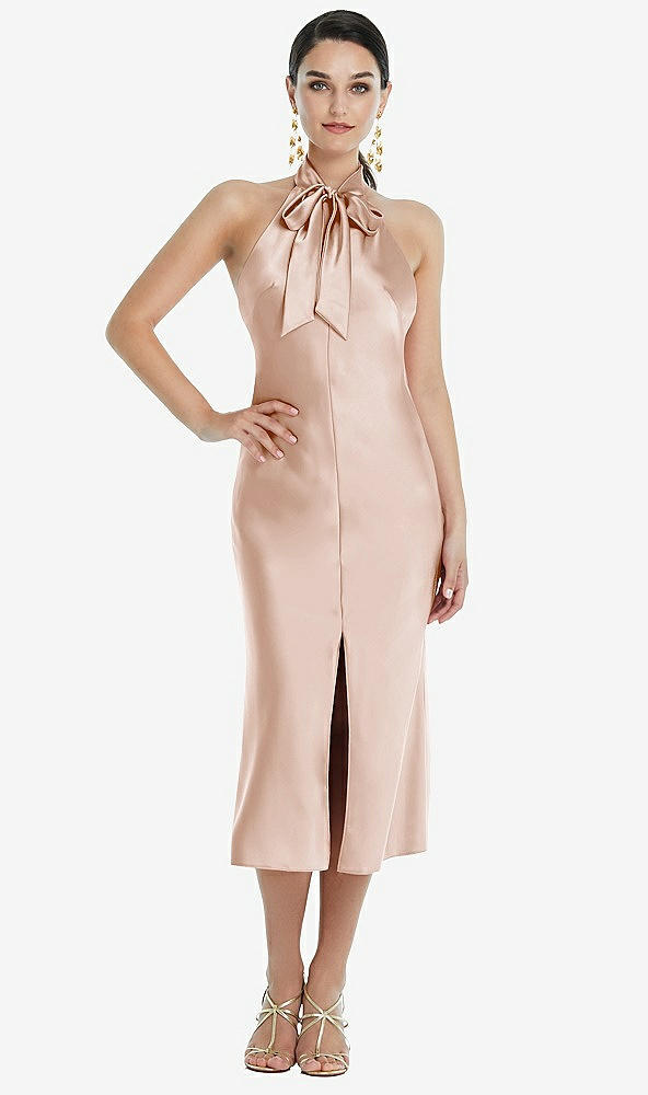 Front View - Cameo Scarf Tie Stand Collar Midi Bias Dress with Front Slit
