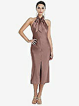 Front View Thumbnail - Sienna Scarf Tie Stand Collar Midi Bias Dress with Front Slit
