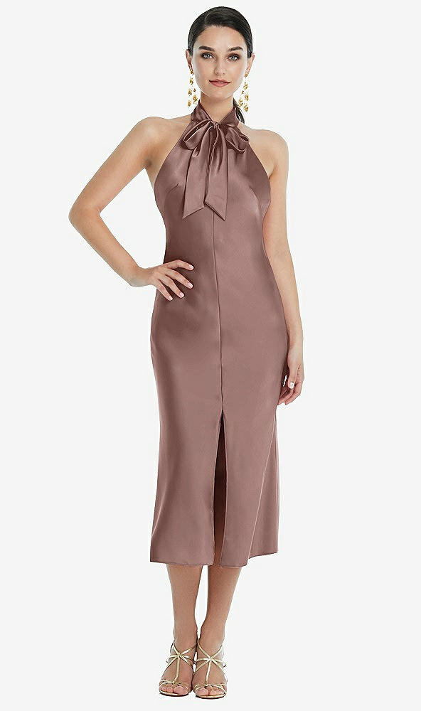 Front View - Sienna Scarf Tie Stand Collar Midi Bias Dress with Front Slit