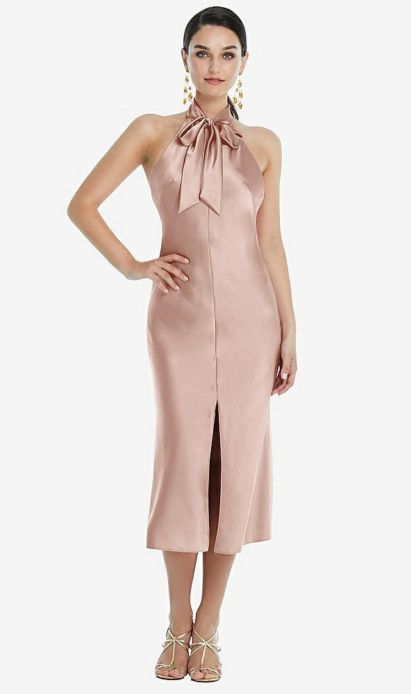 Front View - Toasted Sugar Scarf Tie Stand Collar Midi Bias Dress with Front Slit
