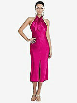 Front View Thumbnail - Think Pink Scarf Tie Stand Collar Midi Bias Dress with Front Slit