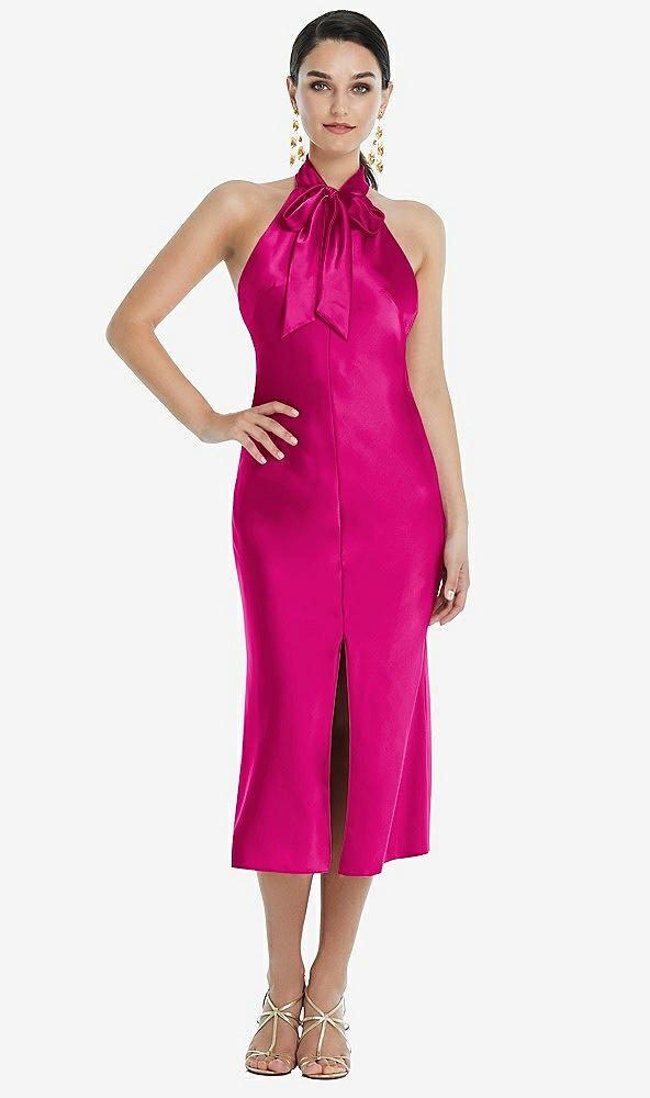 Front View - Think Pink Scarf Tie Stand Collar Midi Bias Dress with Front Slit