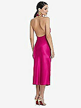 Rear View Thumbnail - Think Pink Scarf Tie Stand Collar Midi Bias Dress with Front Slit