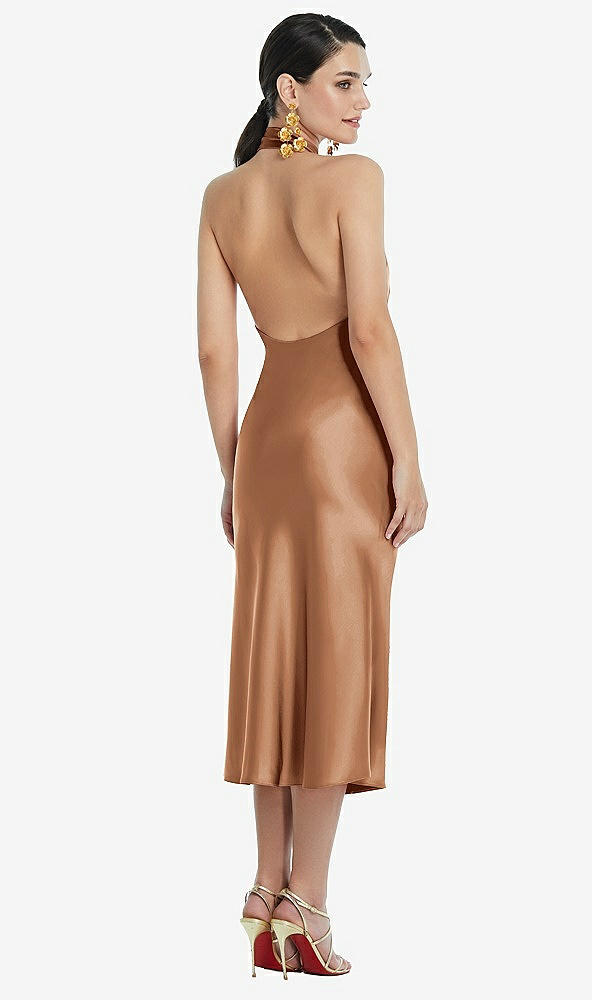 Back View - Toffee Scarf Tie Stand Collar Midi Bias Dress with Front Slit