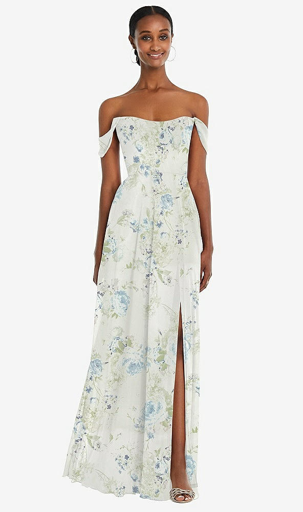 Front View - Bleu Garden Off-the-Shoulder Basque Neck Maxi Dress with Flounce Sleeves