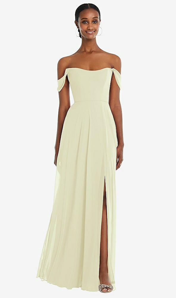 Front View - Butter Yellow Off-the-Shoulder Basque Neck Maxi Dress with Flounce Sleeves