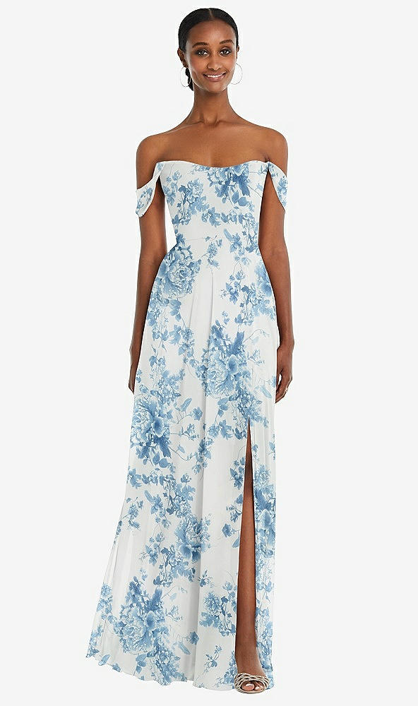 Front View - Cottage Rose Dusk Blue Off-the-Shoulder Basque Neck Maxi Dress with Flounce Sleeves