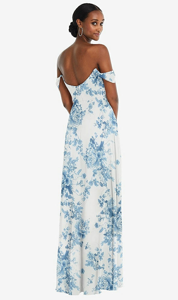 Back View - Cottage Rose Dusk Blue Off-the-Shoulder Basque Neck Maxi Dress with Flounce Sleeves