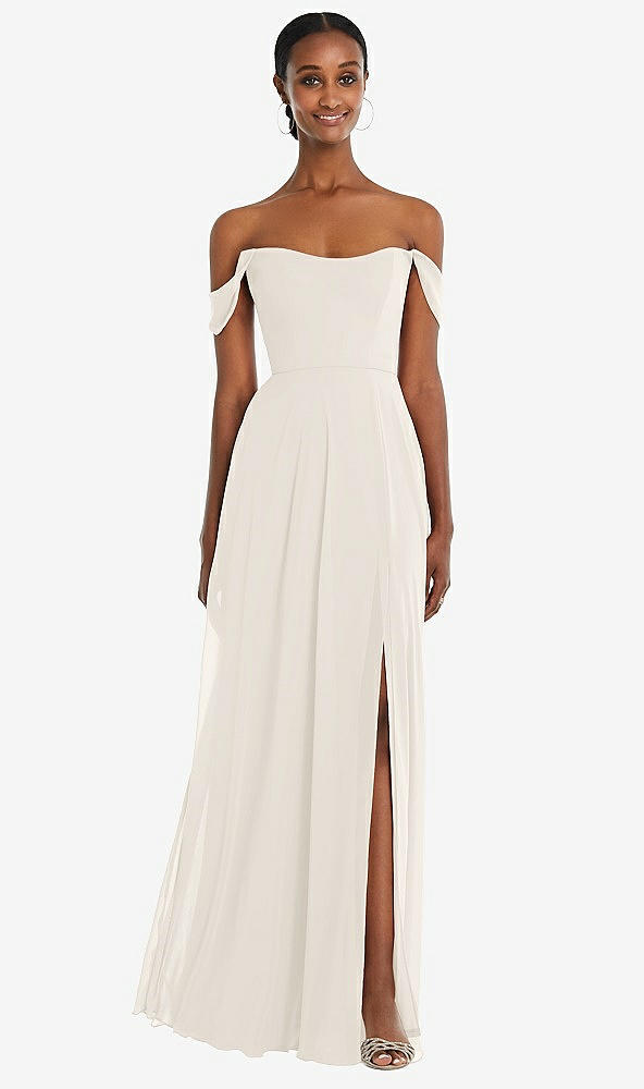 Front View - Ivory Off-the-Shoulder Basque Neck Maxi Dress with Flounce Sleeves