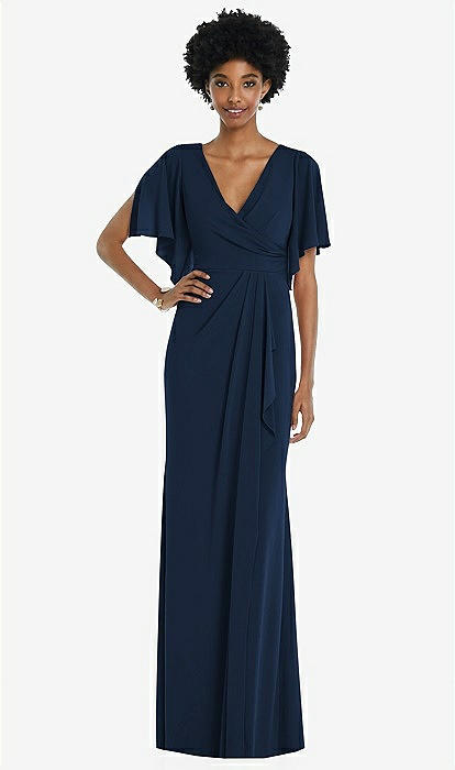 Faux Wrap Split Sleeve Maxi Bridesmaid Dress With Cascade Skirt In Midnight  Navy | The Dessy Group