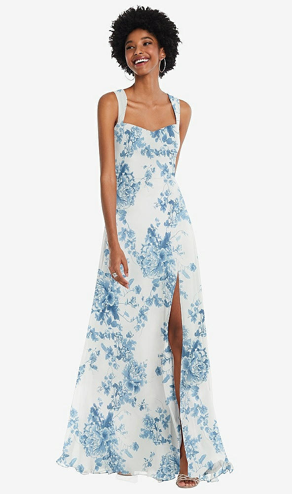 Front View - Cottage Rose Dusk Blue Contoured Wide Strap Sweetheart Maxi Dress