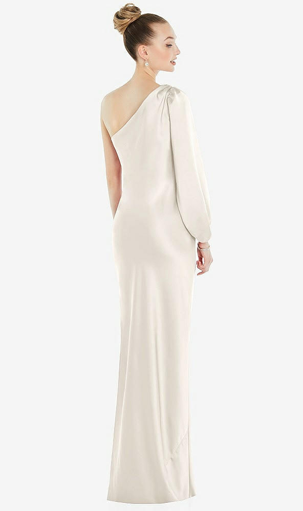 Back View - Ivory One-Shoulder Puff Sleeve Maxi Bias Dress with Side Slit