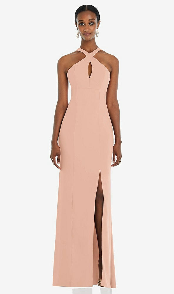 Front View - Pale Peach Criss Cross Halter Princess Line Trumpet Gown