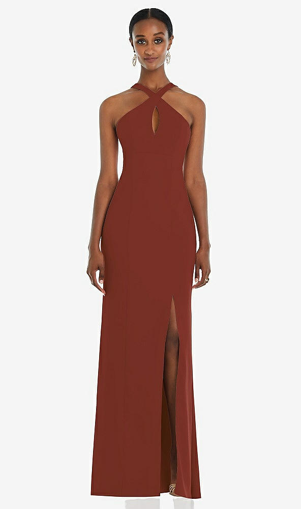 Front View - Auburn Moon Criss Cross Halter Princess Line Trumpet Gown