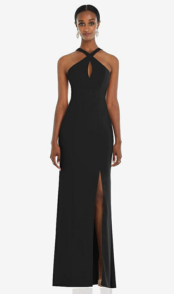 Front View - Black Criss Cross Halter Princess Line Trumpet Gown