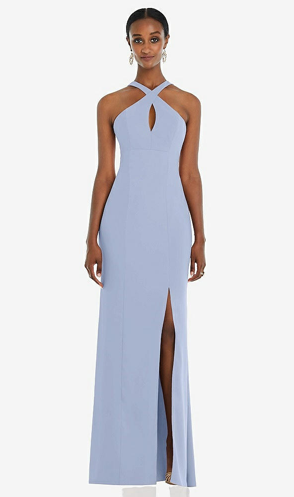 Front View - Sky Blue Criss Cross Halter Princess Line Trumpet Gown
