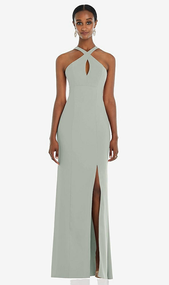 Front View - Willow Green Criss Cross Halter Princess Line Trumpet Gown