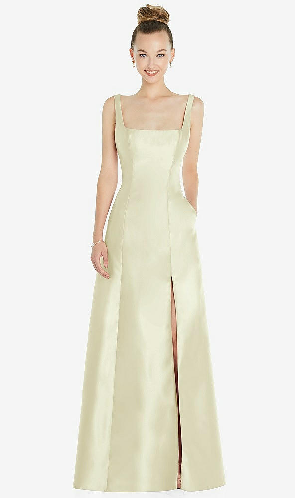 Front View - Butter Yellow Sleeveless Square-Neck Princess Line Gown with Pockets