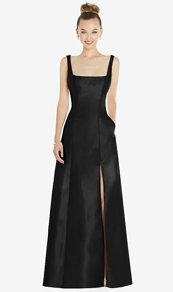 Front View - Black Sleeveless Square-Neck Princess Line Gown with Pockets