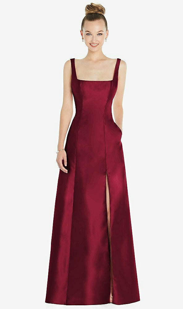 Front View - Burgundy Sleeveless Square-Neck Princess Line Gown with Pockets
