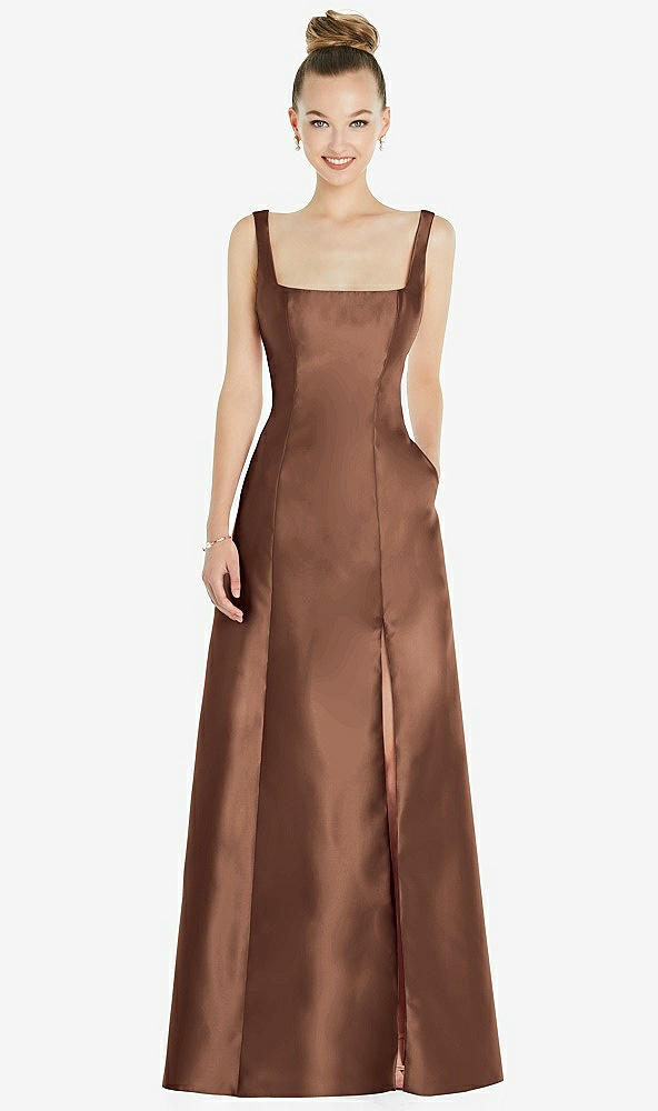 Front View - Cognac Sleeveless Square-Neck Princess Line Gown with Pockets