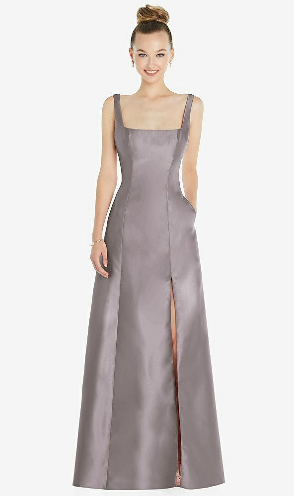 Front View - Cashmere Gray Sleeveless Square-Neck Princess Line Gown with Pockets