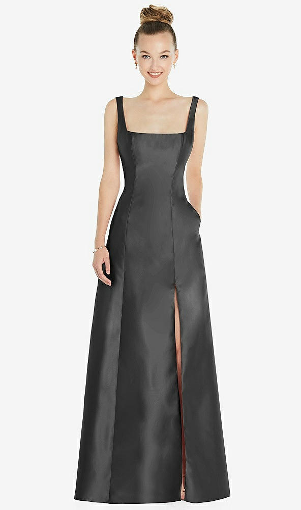 Front View - Pewter Sleeveless Square-Neck Princess Line Gown with Pockets