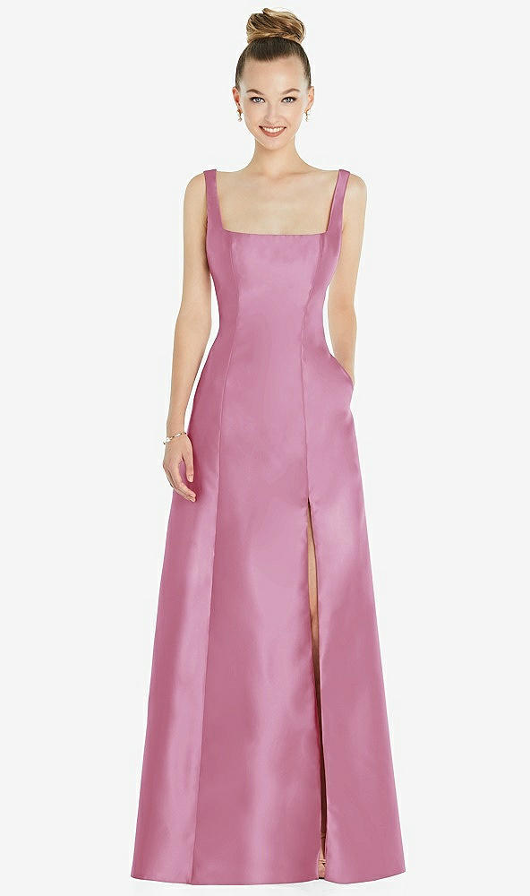Front View - Powder Pink Sleeveless Square-Neck Princess Line Gown with Pockets
