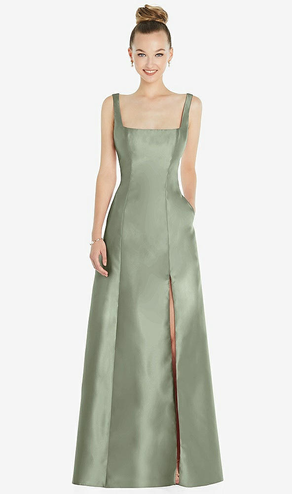 Front View - Sage Sleeveless Square-Neck Princess Line Gown with Pockets