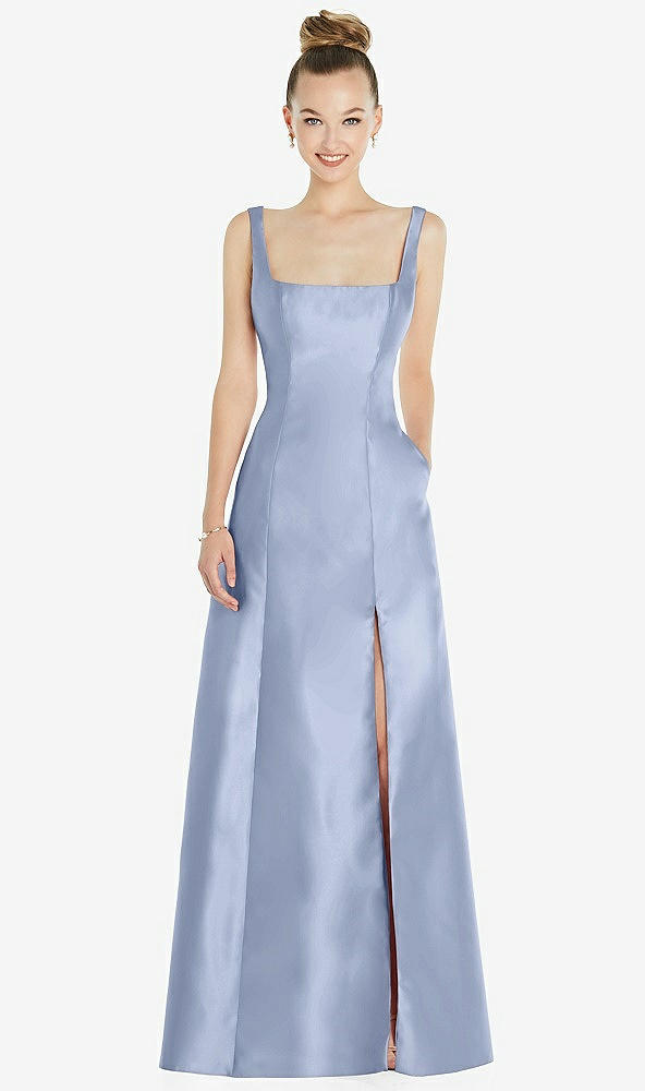Front View - Sky Blue Sleeveless Square-Neck Princess Line Gown with Pockets