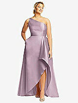 Front View Thumbnail - Suede Rose One-Shoulder Satin Gown with Draped Front Slit and Pockets