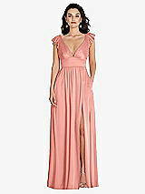 Front View Thumbnail - Rose Deep V-Neck Ruffle Cap Sleeve Maxi Dress with Convertible Straps