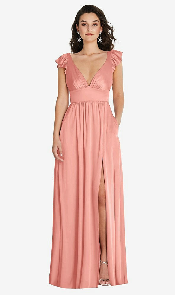 Front View - Rose Deep V-Neck Ruffle Cap Sleeve Maxi Dress with Convertible Straps