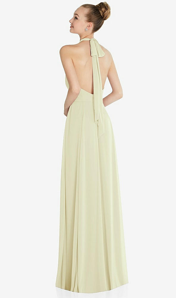 Back View - Butter Yellow Halter Backless Maxi Dress with Crystal Button Ruffle Placket