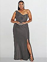 Alt View 1 Thumbnail - Caviar Gray Draped One-Shoulder Satin Trumpet Gown with Front Slit