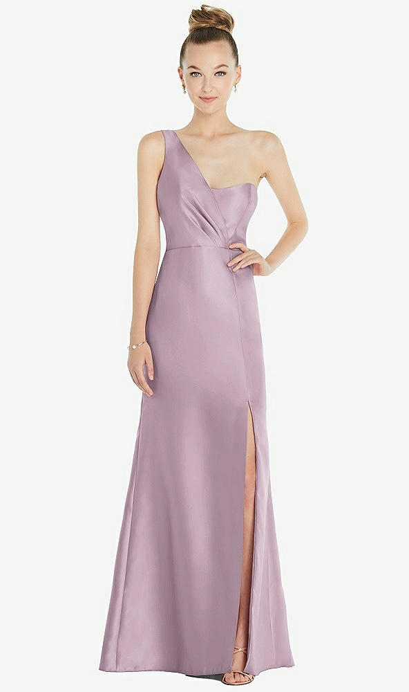 Front View - Suede Rose Draped One-Shoulder Satin Trumpet Gown with Front Slit