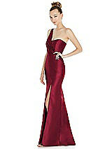 Side View Thumbnail - Burgundy Draped One-Shoulder Satin Trumpet Gown with Front Slit