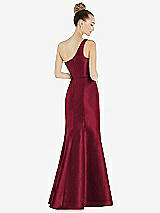 Rear View Thumbnail - Burgundy Draped One-Shoulder Satin Trumpet Gown with Front Slit