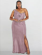 Alt View 1 Thumbnail - Dusty Rose Draped One-Shoulder Satin Trumpet Gown with Front Slit