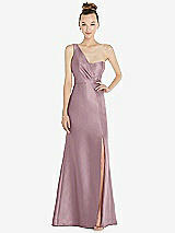 Front View Thumbnail - Dusty Rose Draped One-Shoulder Satin Trumpet Gown with Front Slit