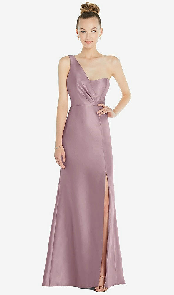 Front View - Dusty Rose Draped One-Shoulder Satin Trumpet Gown with Front Slit