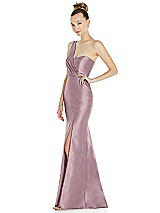 Side View Thumbnail - Dusty Rose Draped One-Shoulder Satin Trumpet Gown with Front Slit