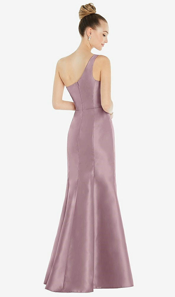 Back View - Dusty Rose Draped One-Shoulder Satin Trumpet Gown with Front Slit