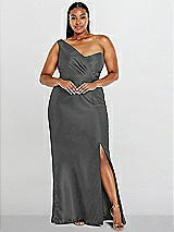 Alt View 1 Thumbnail - Gunmetal Draped One-Shoulder Satin Trumpet Gown with Front Slit