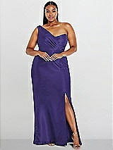 Alt View 1 Thumbnail - Grape Draped One-Shoulder Satin Trumpet Gown with Front Slit