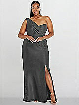 Alt View 1 Thumbnail - Pewter Draped One-Shoulder Satin Trumpet Gown with Front Slit