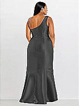 Alt View 2 Thumbnail - Pewter Draped One-Shoulder Satin Trumpet Gown with Front Slit