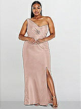 Alt View 1 Thumbnail - Toasted Sugar Draped One-Shoulder Satin Trumpet Gown with Front Slit