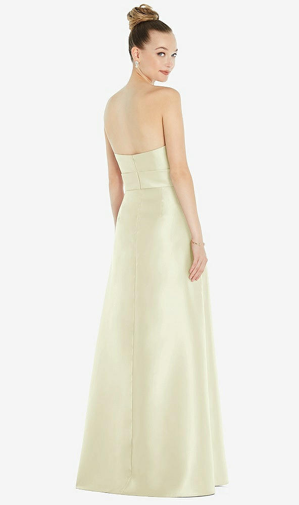 Back View - Butter Yellow Basque-Neck Strapless Satin Gown with Mini Sash